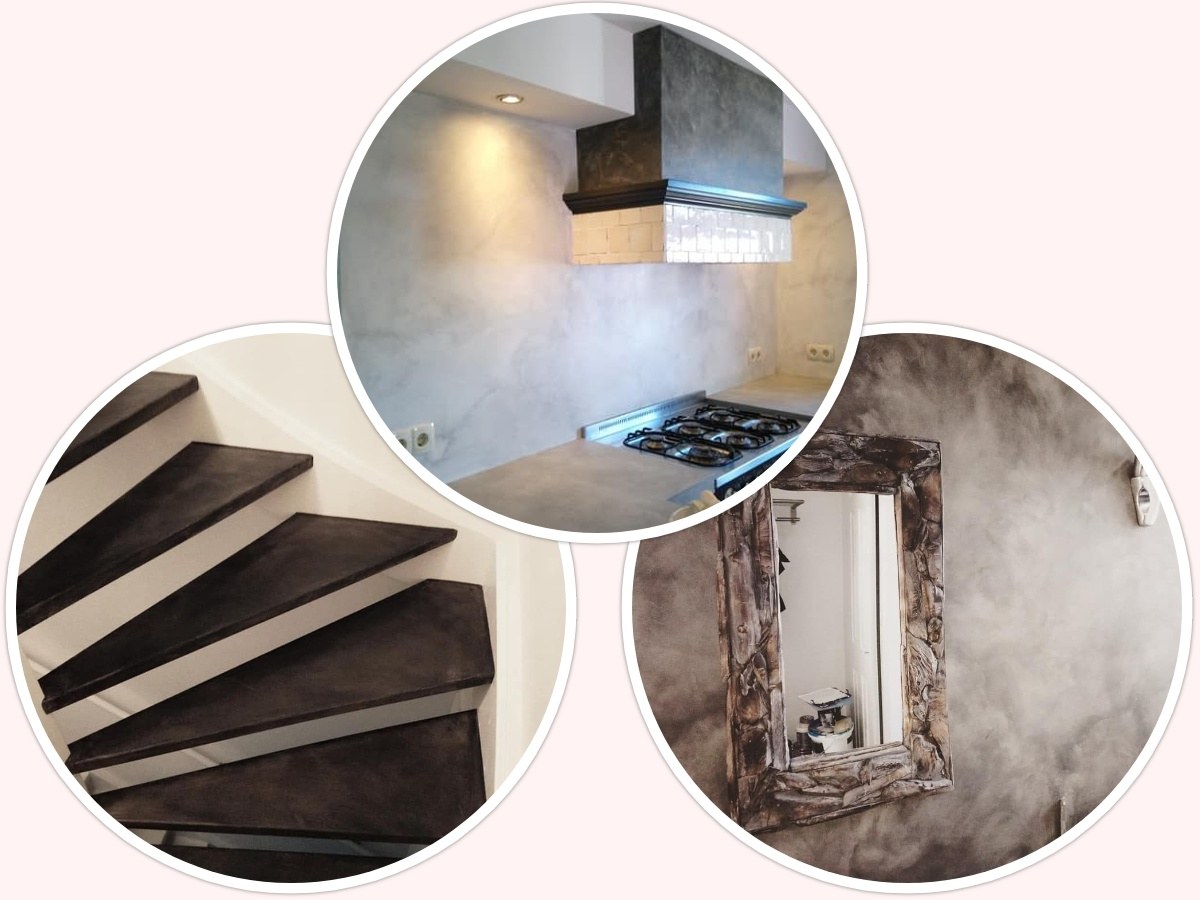 Drie betonlook projecten: een keukenwand, een trap en een wand met spiegel